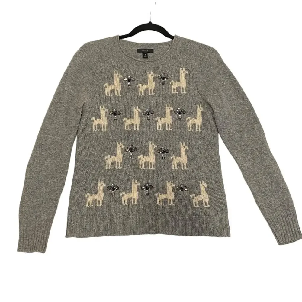 J. Crew Llama Embellished Gray Sweater Size Small
